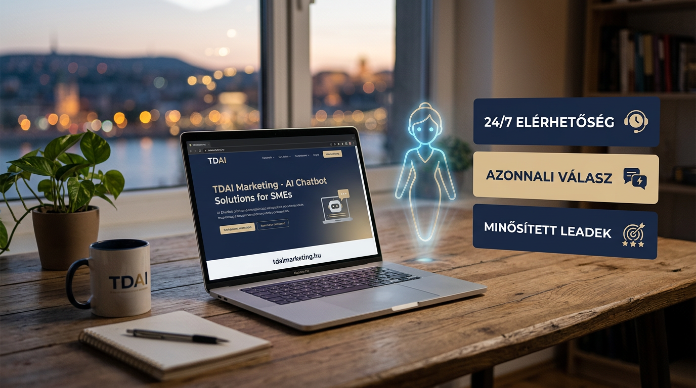 AI chatbot illusztráció: laptop, hologram asszisztens és magyar előnyök — KKV-knak