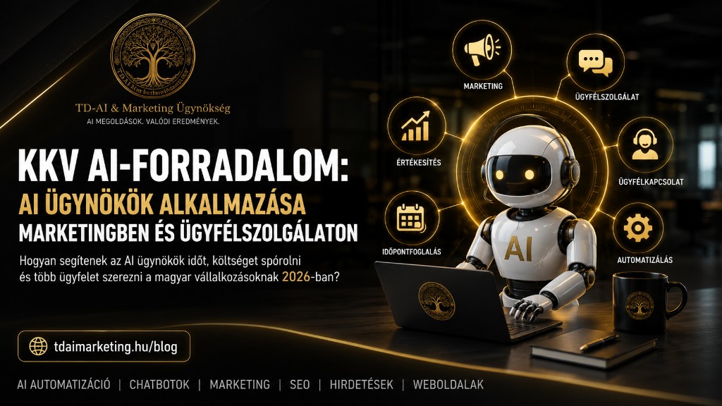 AI ügynök működése: robot és mesterséges intelligencia ikonok — marketing, ügyfélszolgálat, értékesítés, időpontfoglalás és automatizálás — TD-AI blog