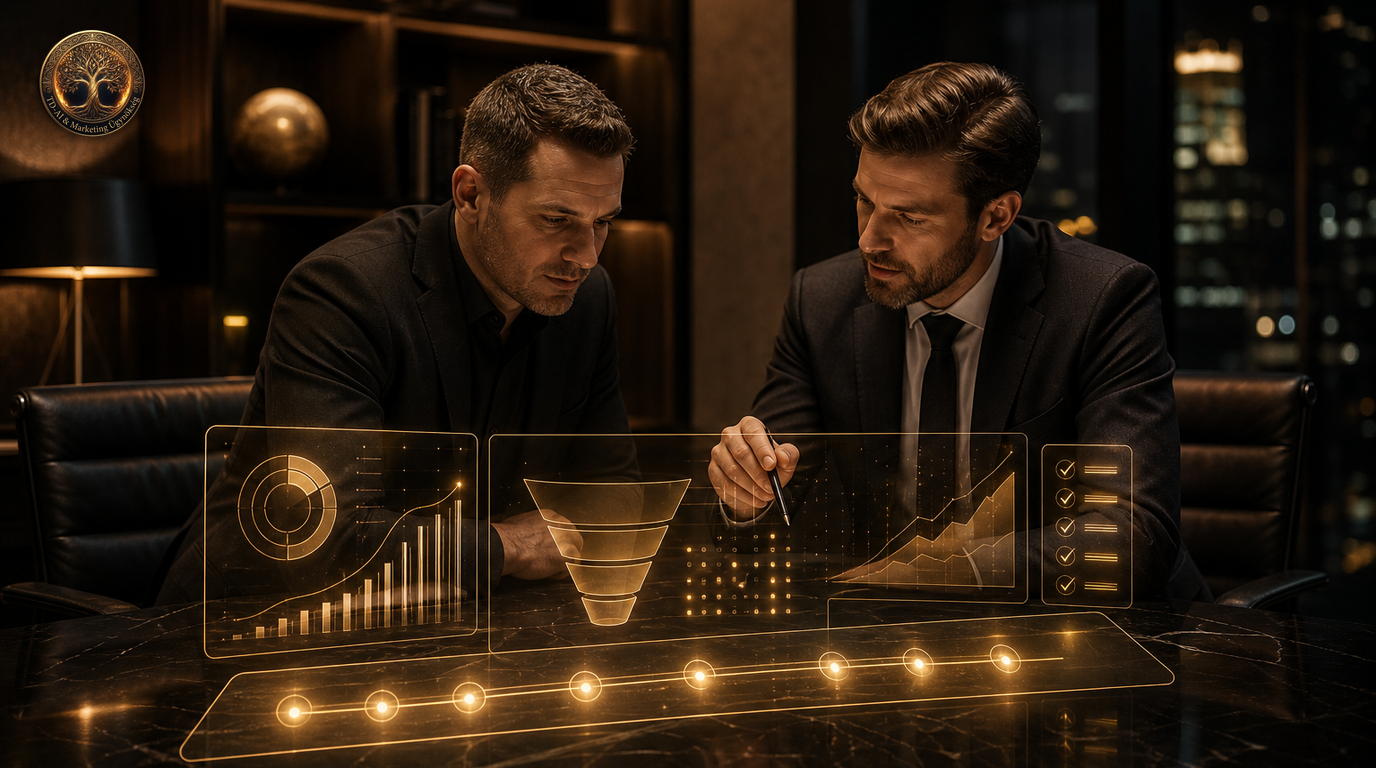 AI marketing ügynökség választás 2. rész: két tanácsadó arany KPI hologrammal, 90 napos terv, TD-AI logó — KKV blog
