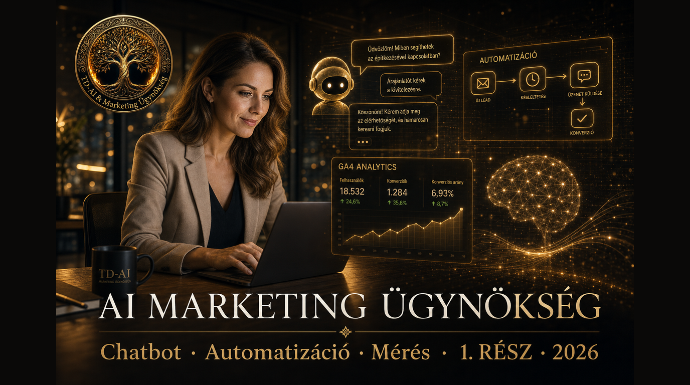 AI marketing ügynökség: üzleti nő laptopnál, arany holografikus chatbot és GA4 dashboard — TD-AI logó, KKV blog