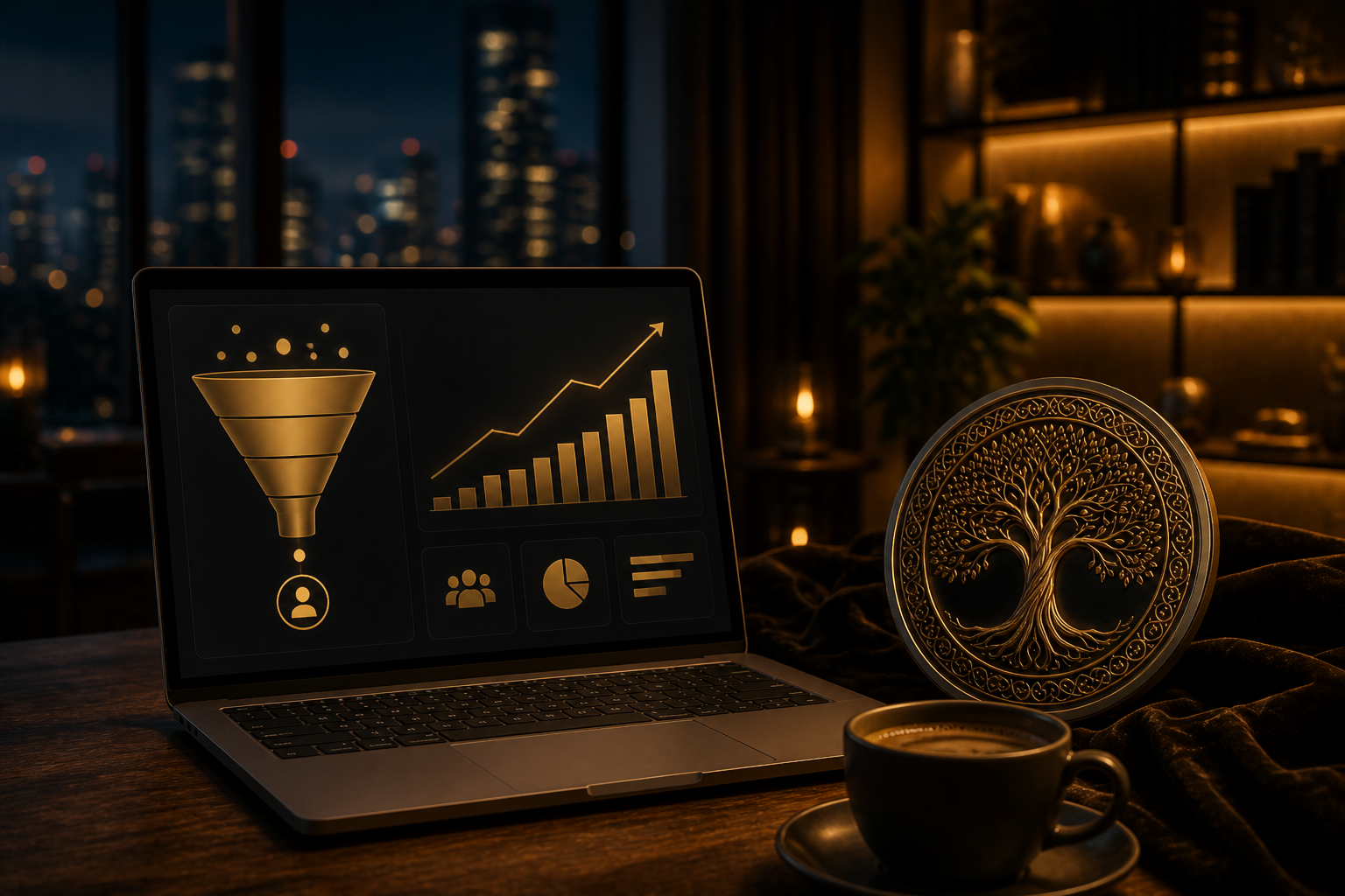 Konverzió mérés: analytics laptopon, champagne gold fény — TD-AI