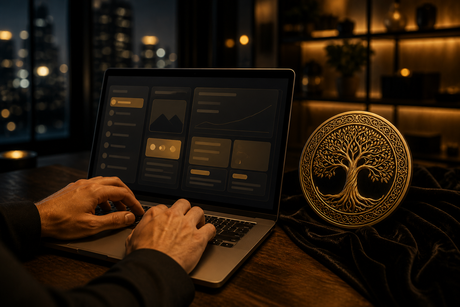 ChatGPT Ads setup: kezek laptopon, dark gold UI, arany medál