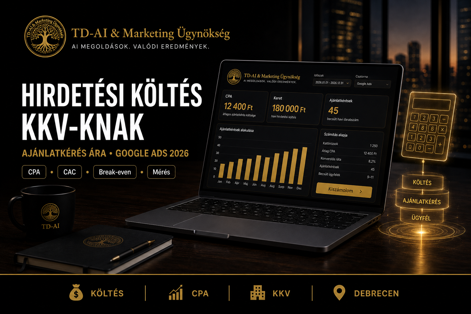 Hirdetési költés KKV-knak: CPA kalkulátor laptopon, Google Ads 2026, TD-AI logó — Debrecen