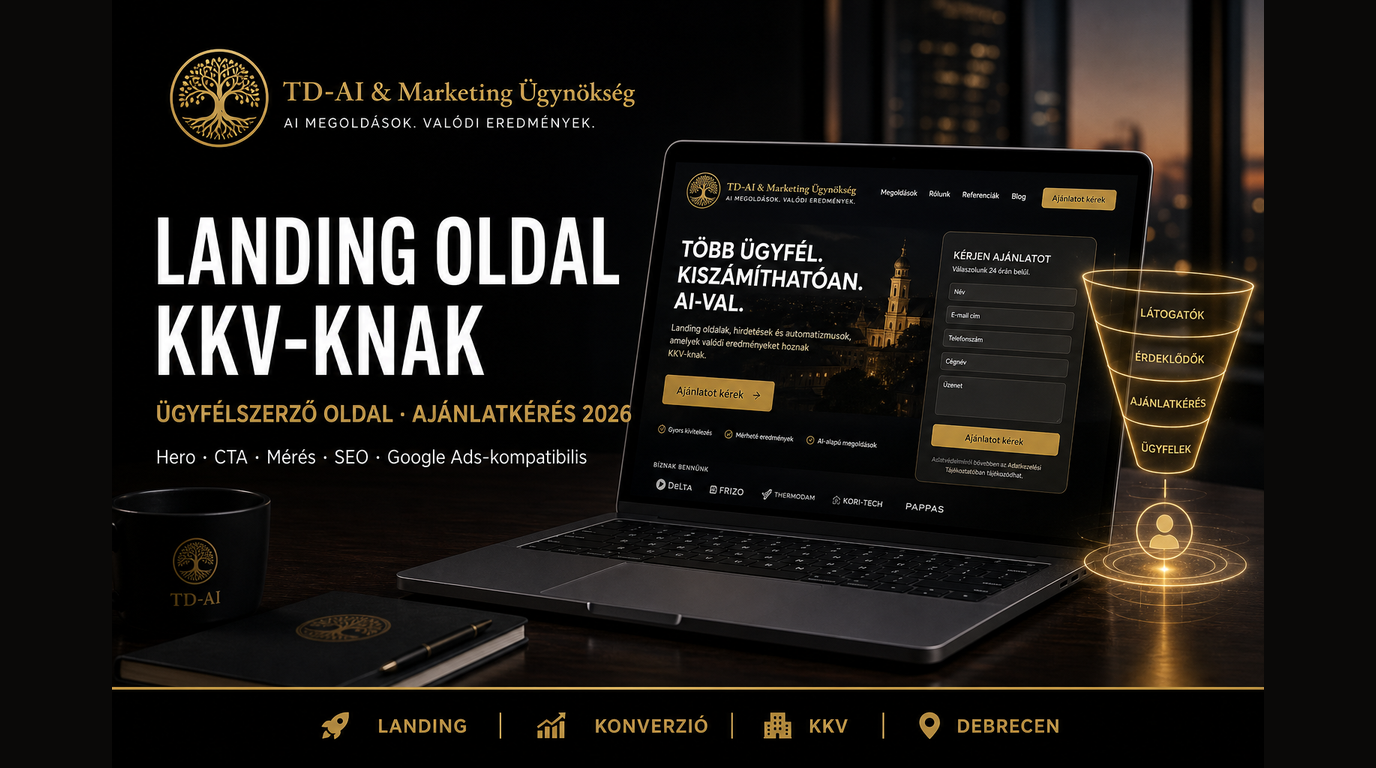 Landing oldal KKV-knak: ügyfélszerző landing laptopon, arany CTA, konverziós tölcsér — TD-AI Marketing Ügynökség