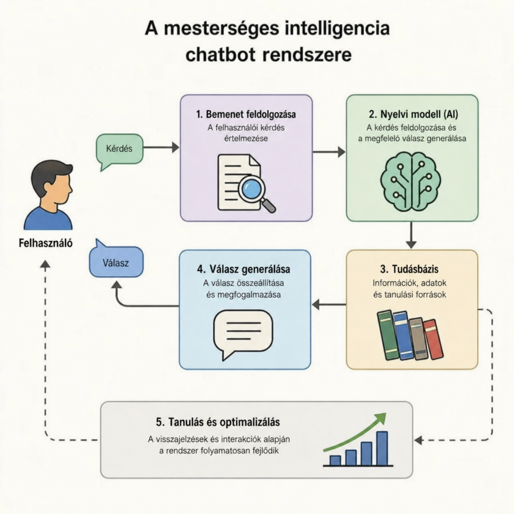 A mesterséges intelligencia chatbot rendszere: kérdés, nyelvi modell, tudásbázis, válasz és tanulás