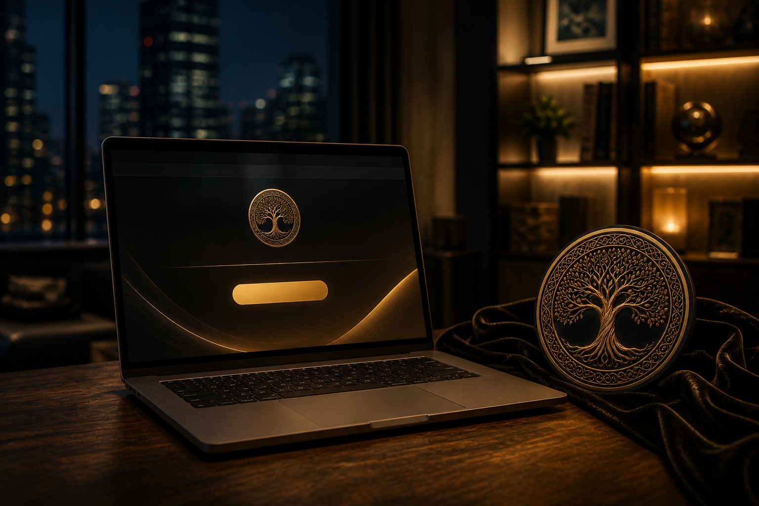 Ügyfélszerző landing laptopon, sötét arany CTA, champagne fény — TD-AI